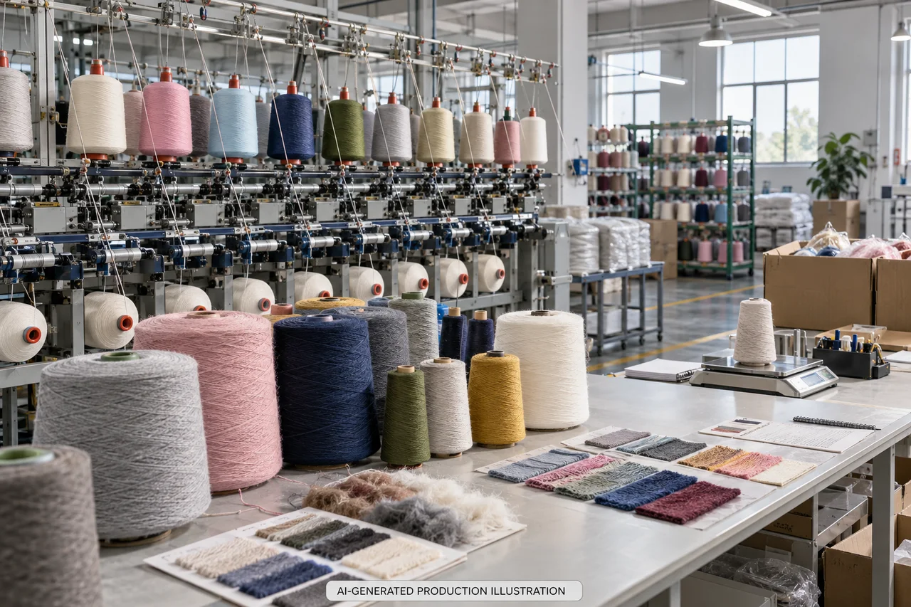 AI-generated illustration of a yarn production setting, not a photograph of FEICHEER factory
