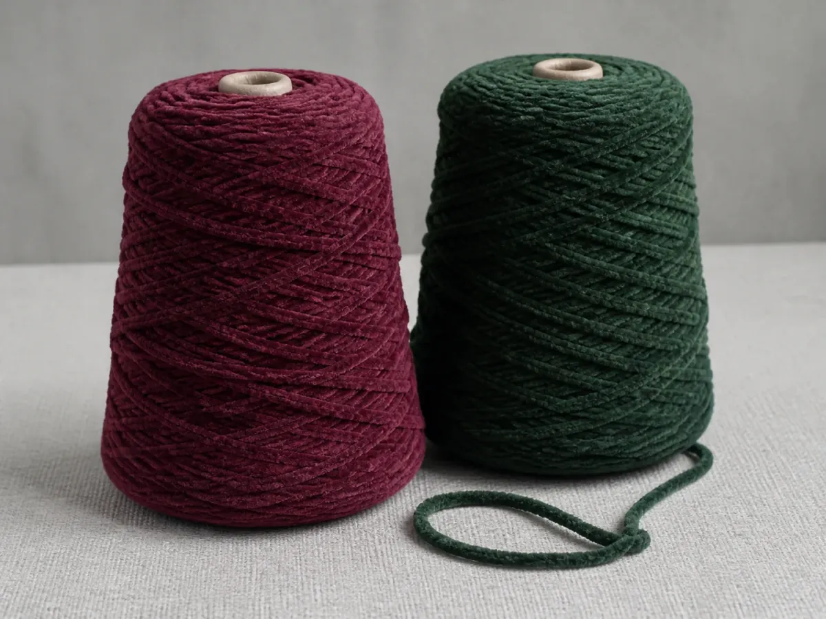 Representative chenille and plush yarn development directions in rich solid colors on cones and balls
