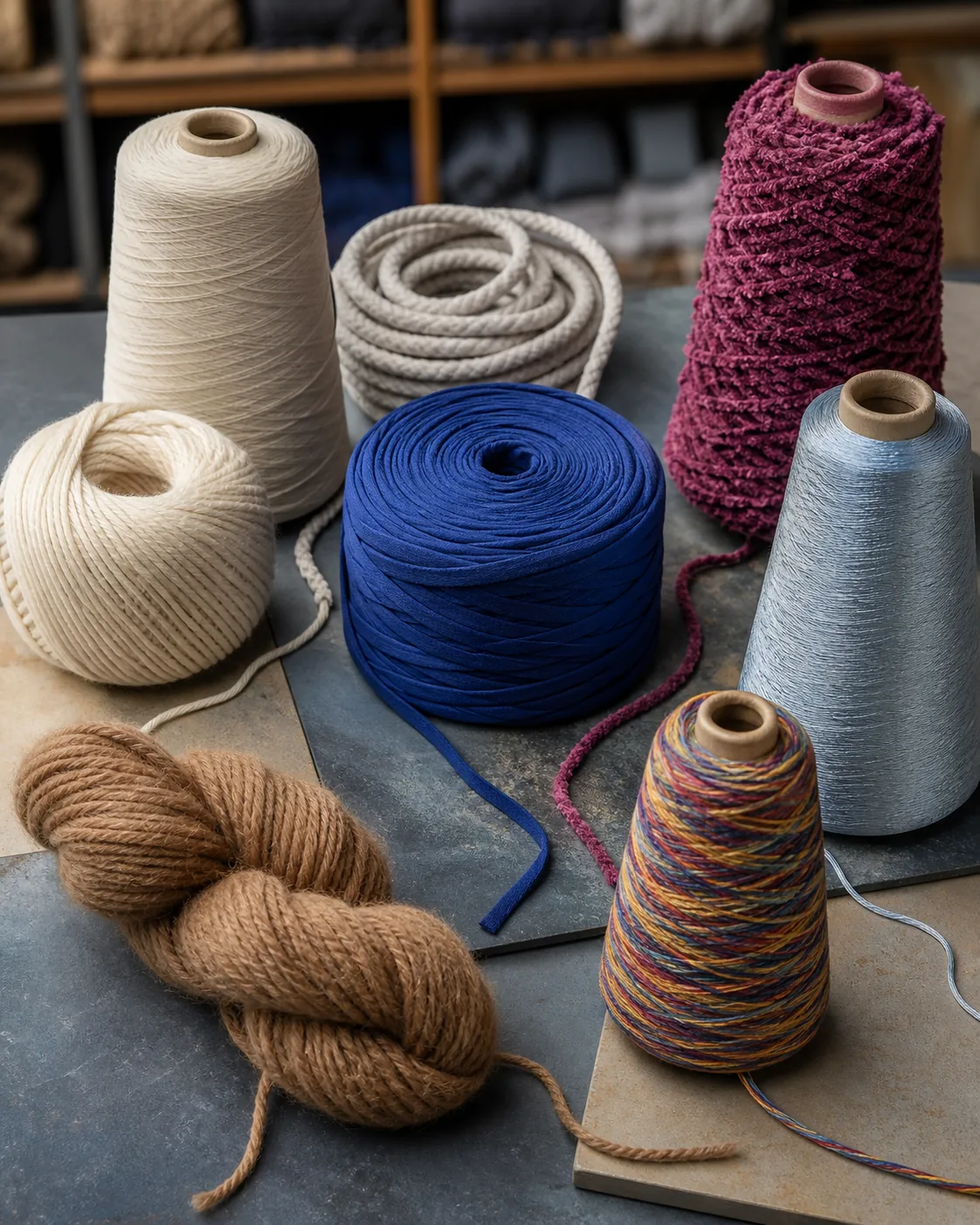 Colorful custom-yarn development spectrum including cotton, cord, T-shirt yarn, chenille, polyester, wool blend and space-dyed yarn