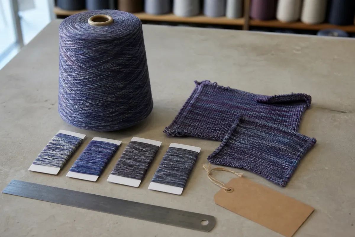 Yarn cone, shade windings and fabric swatches arranged for a sampling discussion
