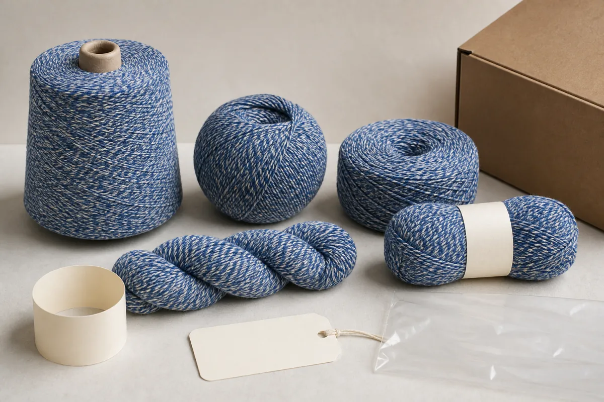 Representative yarn winding and packaging development table with balls, cones, labels and cartons